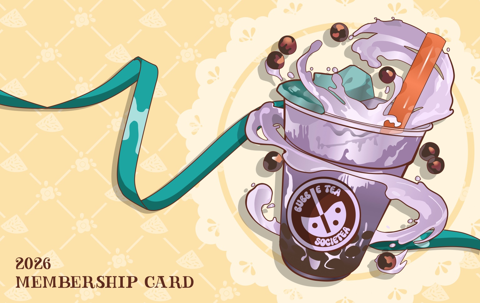 The 2026 BTS membership card, with lilac bubble tea, teal ribbons and a cream-yellow background.